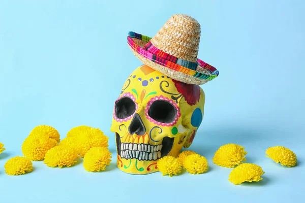 Festett Emberi Koponya Mexikó Day Dead Dia Muertos Sombrero Virágok — Stock Fotó