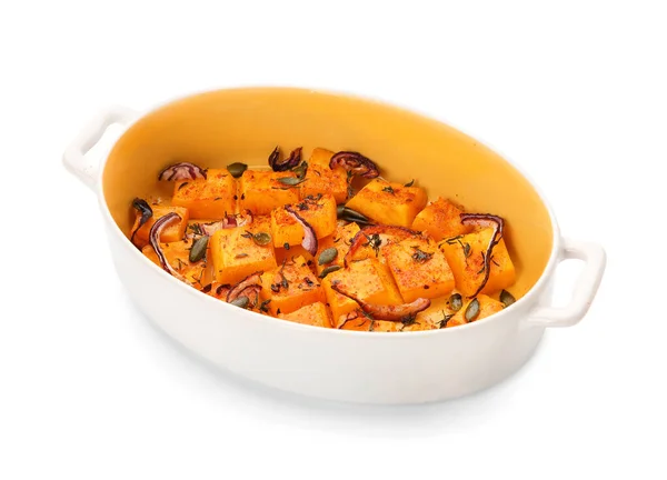 Dish Tasty Baked Pumpkin Pieces White Background — Stock Photo, Image