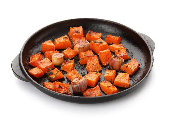 Frying Pan Tasty Roasted Pumpkin Pieces White Background — Stock Photo, Image