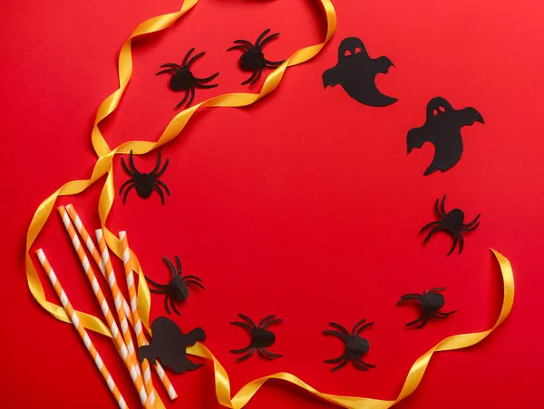 Keret Készült Halloween Dekoráció Szalag Cukorka Piros Alapon — Stock Fotó
