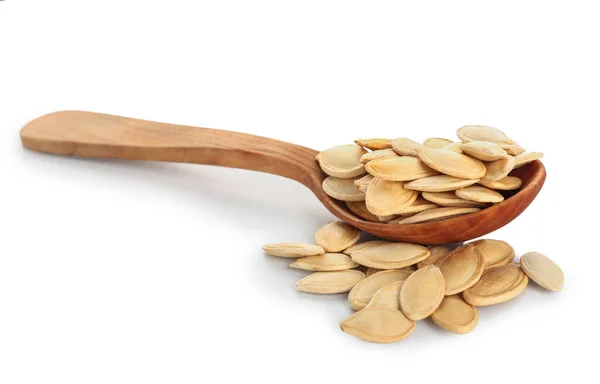 Spoon Natural Pumpkin Seeds White Background — Stock Photo, Image