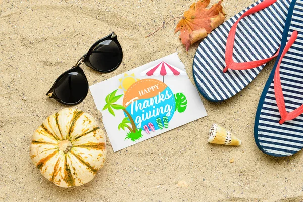 Pumpkin Sunglasses Flip Flops Dry Leaf Seashell Paper Card Text — Stock Photo, Image