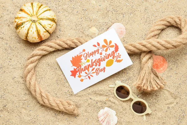 Pumpkin Rope Seashells Sunglasses Paper Card Text Happy Thanksgiving Day — Stock Photo, Image
