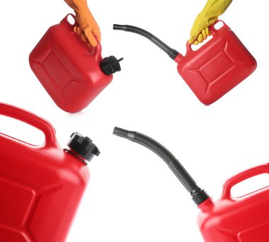 Beyaz arkaplanda başlığı olan plastik bidon seti