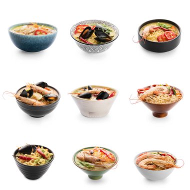 Beyaz arka planda baharatlı Tayland çorbası koleksiyonu