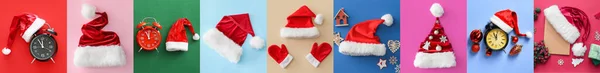 Sombreros Santa Con Decoración Navidad Sobre Fondo Color —  Fotos de Stock