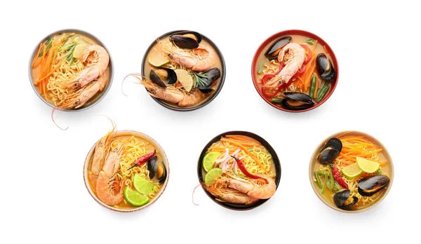 Sammlung Von Würzigen Thai Suppen Auf Weißem Hintergrund — Stockfoto