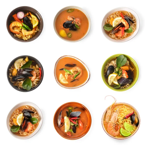 Sammlung Von Würzigen Thai Suppen Auf Weißem Hintergrund — Stockfoto