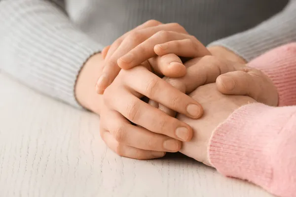 Young Woman Holding Hands Grandmother Table — Stock Photo, Image