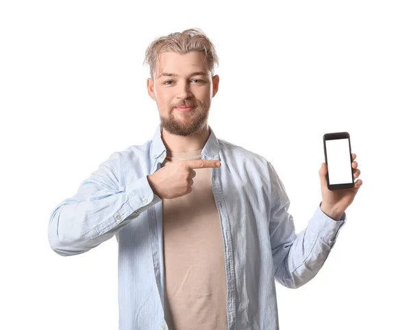 Junger Mann Mit Modernem Handy Auf Weißem Hintergrund — Stockfoto