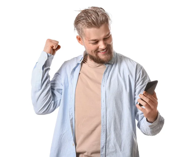 Glad Ung Man Med Modern Mobiltelefon Vit Bakgrund — Stockfoto