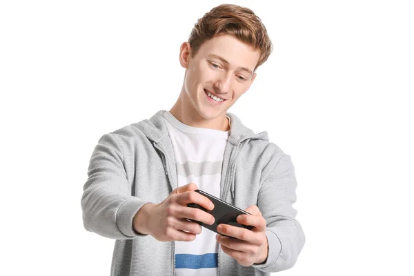 Junger Mann Mit Modernem Handy Auf Weißem Hintergrund — Stockfoto