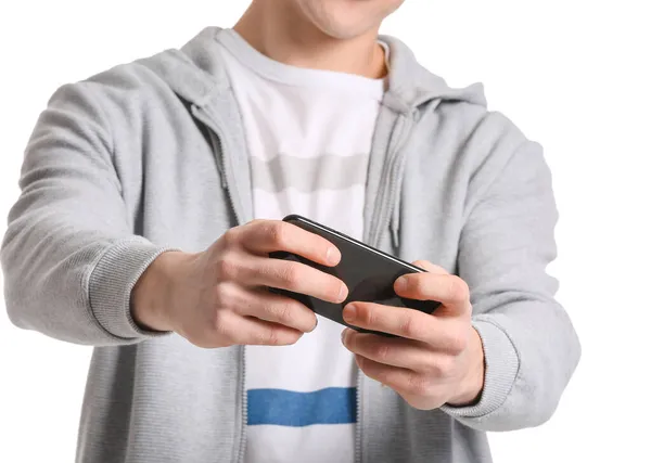 Jeune Homme Avec Téléphone Portable Moderne Sur Fond Blanc Gros — Photo