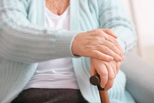 Elderly Woman Walking Stick Home — Stock Photo, Image