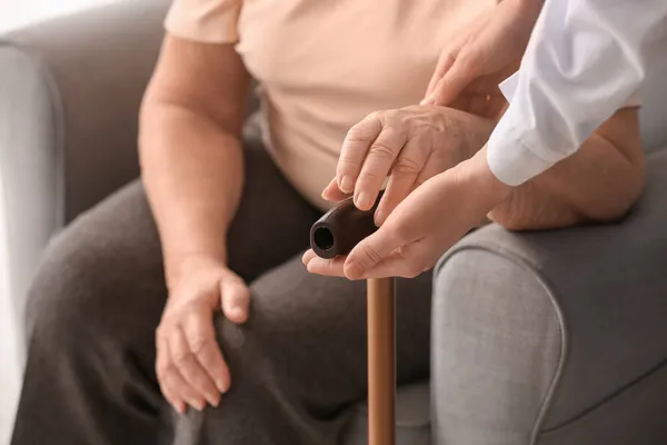 Hands Young Woman Her Grandmother Walking Stick Home — Stock Photo, Image