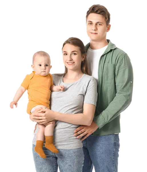 Joyeux Jeune Couple Avec Petit Bébé Sur Fond Blanc — Photo