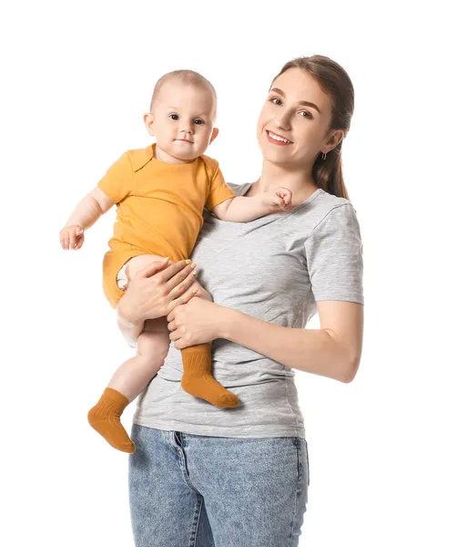 Jong Moeder Met Weinig Baby Witte Achtergrond — Stockfoto
