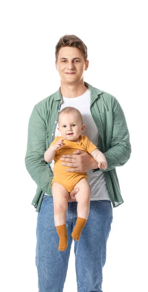 Joven Padre Sosteniendo Pequeño Bebé Sobre Fondo Blanco — Foto de Stock