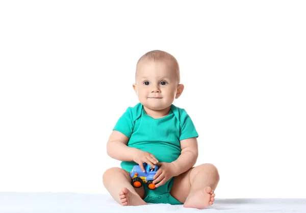 Cute Little Baby Boy Playing Toy Car White Background — Stock Photo, Image