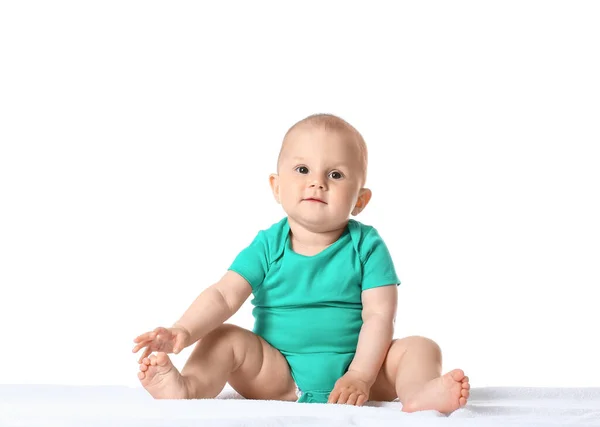 Cute Little Baby Boy Blue Bodysuit White Background — Stock Photo, Image