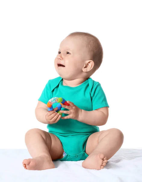 Маленький Хлопчик Грає Іграшкою Білому Тлі — стокове фото