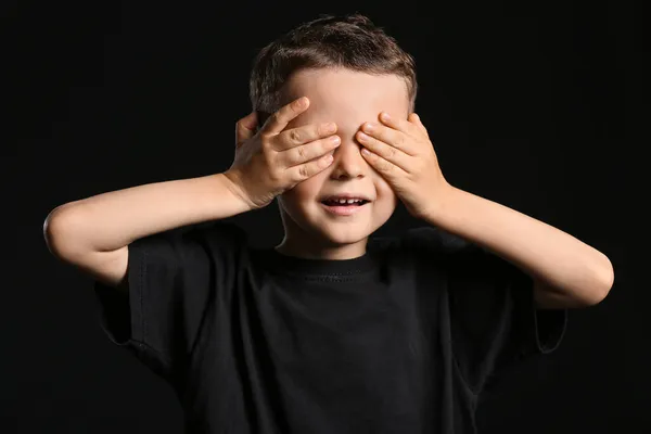 Portrait Cute Little Boy Covering Eyes His Hands Dark Background — Stock Photo, Image