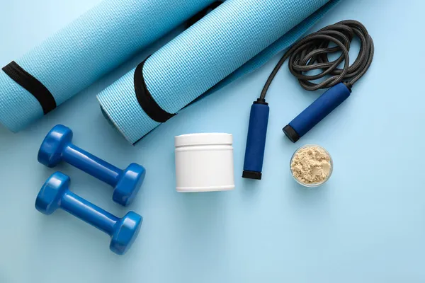 Bowl Protein Powder Jar Fitness Mats Dumbbells Skipping Rope Color — Stock Photo, Image