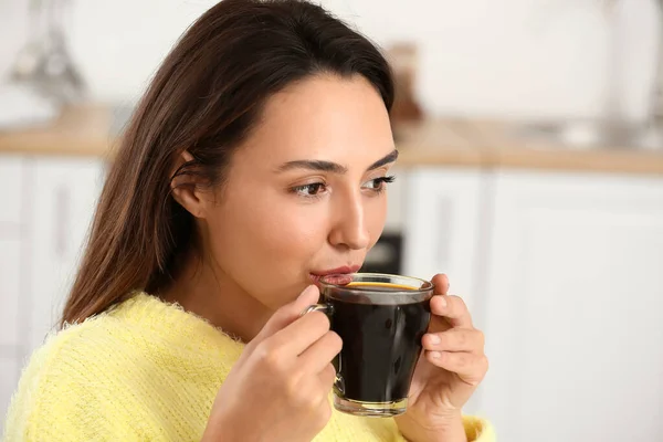 Morning Beautiful Woman Drinking Coffee Home — Stock Photo, Image