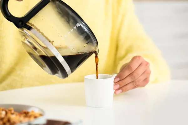 Morning Beautiful Woman Drinking Coffee Home Closeup — Stock Photo, Image