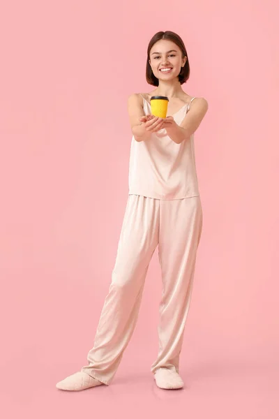 Beautiful Woman Pajamas Cup Coffee Color Background — Stock Photo, Image