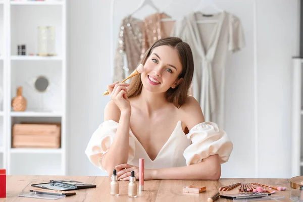 Pretty Young Woman Makeup Brush Sitting Table Dressing Room — Stock Photo, Image