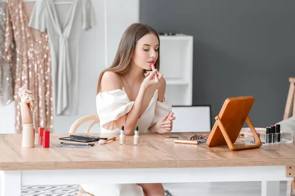 Pretty Young Woman Applying Lipstick Table Dressing Room — Stock Photo, Image