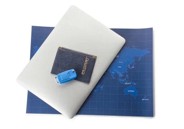 Laptop World Map Passport Key Fob White Background Car Rent — Stock Photo, Image
