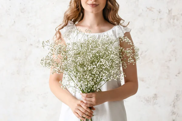 Pretty Young Woman Bouquet Flowers Light Background — Stock Photo, Image