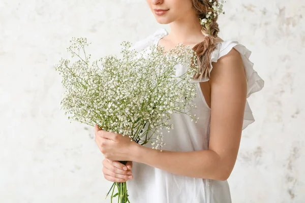 Pretty Young Woman Bouquet Flowers Light Background — Stock Photo, Image