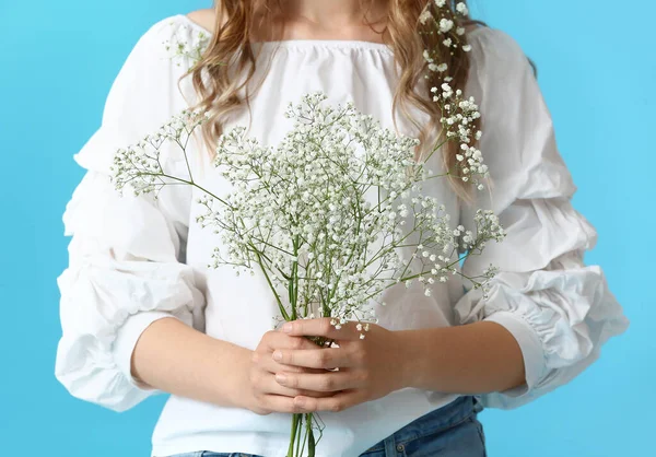 Pretty Young Woman Bouquet Flowers Color Background — Stock Photo, Image
