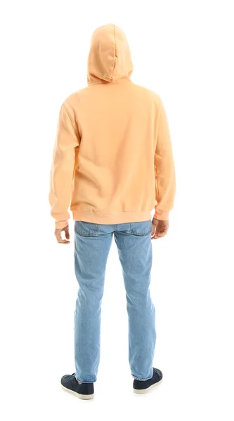 Młody Mężczyzna Pomarańczowej Bluzie Białym Tle — Zdjęcie stockowe