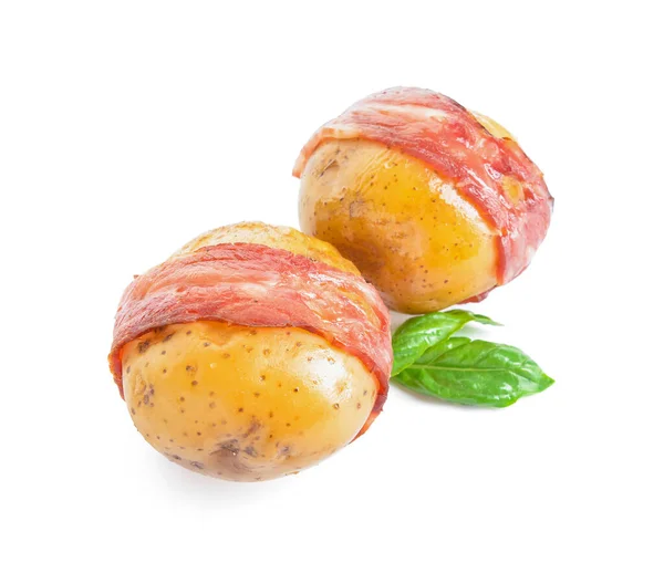 Tasty Baked Potatoes Bacon White Background — Stock Photo, Image