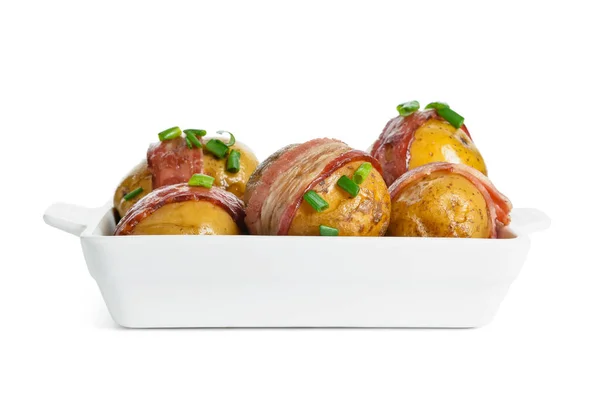 Baking Dish Tasty Baked Potatoes Bacon White Background — Stock Photo, Image
