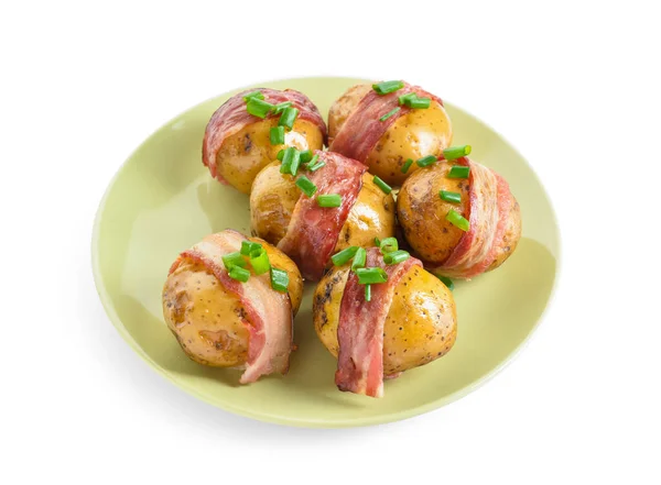 Assiette Pommes Terre Four Savoureuses Avec Bacon Sur Fond Blanc — Photo