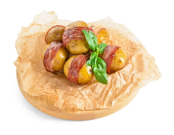 木版烤土豆 白背景咸肉 — 图库照片