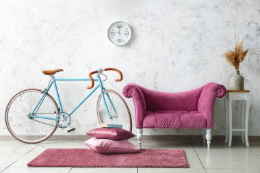 Pembe kanepesi ve bisikleti olan aydınlık oturma odasının içinde.