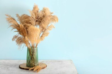 Mavi duvarın yanındaki masada güzel kurutulmuş otlarla dolu vazo.