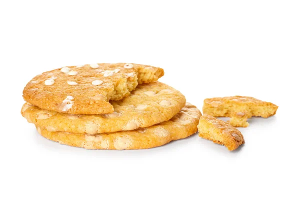 Deliciosos Biscoitos Caseiros Quebrados Com Chips Chocolate Fundo Branco — Fotografia de Stock