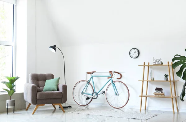 Interior Light Living Room Armchair Shelving Unit Bicycle — Stock Photo, Image