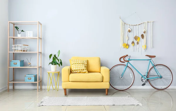 Interior Light Living Room Yellow Armchair Bicycle — Stock Photo, Image
