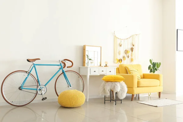 Interior Light Room Yellow Armchair Dressing Table Bicycle — Stock Photo, Image