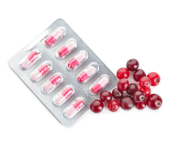 Buborékcsomagolás Áfonya Tabletták Bogyók Fehér Alapon — Stock Fotó
