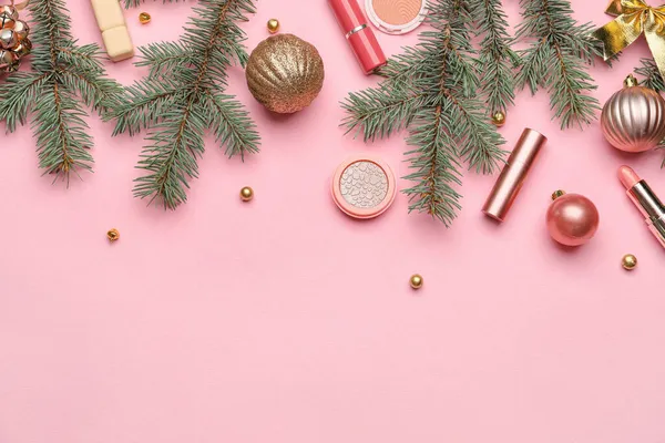 Composition Makeup Cosmetics Fir Branches Pink Background — Stock Photo, Image