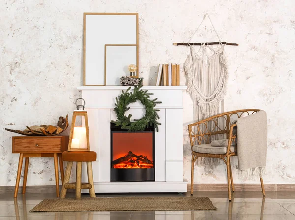 Modern Fireplace Decorated Christmas Eve — Stock Photo, Image
